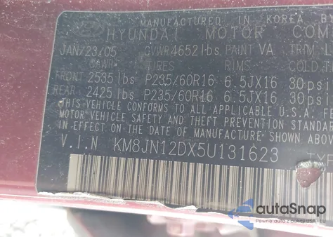 2005 Hyundai Tucson Gls/Lx z USA, uszkodzony, nr VIN KM8JN12DX5U131623